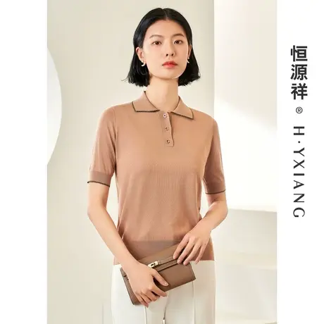 恒源祥polo领针织衫女夏季薄款含桑蚕丝上衣纽扣翻领气质短袖T恤图片