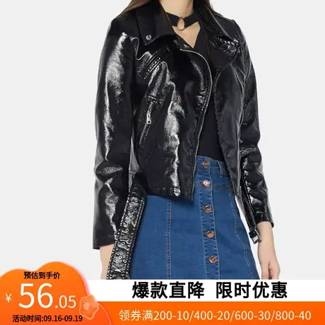 艾格2023春季新品帅气皮衣拉链黑色长袖个性机车皮质短外套女W435图片