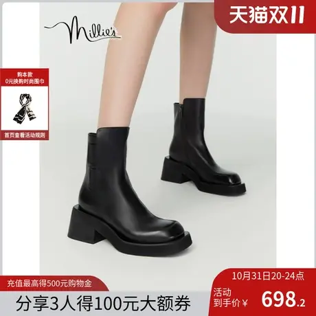 millie's妙丽2023冬季新款牛皮酷飒烟熏方跟女中靴M2215DZ3商品大图