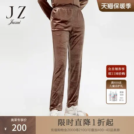 JUZUI/玖姿官方奥莱店女装春秋季咖色松紧丝绒直筒女休闲裤图片