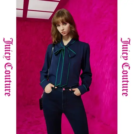 Juicy Couture橘滋干练气质银扣撞色条系带女式衬衫商品大图