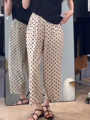 法式垂坠感波点休闲裤女夏季新款时尚薄款松紧高腰百搭阔腿九分裤图片