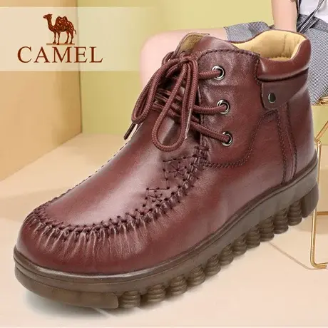 Camel/骆驼女鞋 冬季真头层牛皮加绒保暖休闲妈妈靴 牛筋底短靴子图片