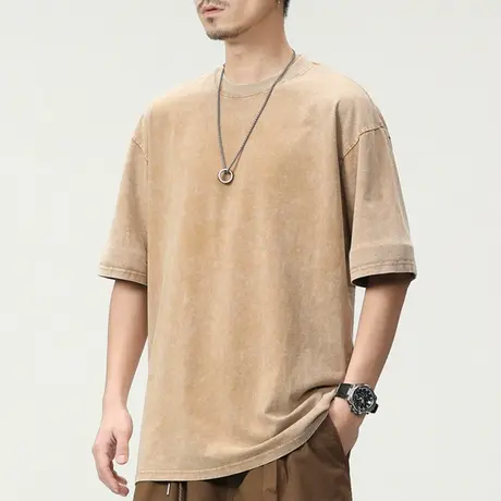 男士卡其色水洗做旧t恤男短袖纯棉夏季美式上衣2023新款半袖男款商品大图