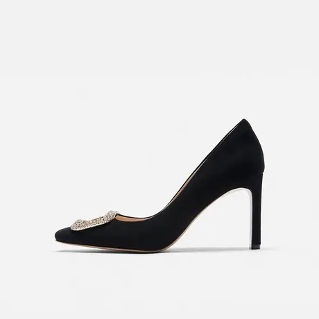 Nine West/玖熙2025年春季新款超高跟鞋女方头钻扣绒面粗跟单鞋女图片