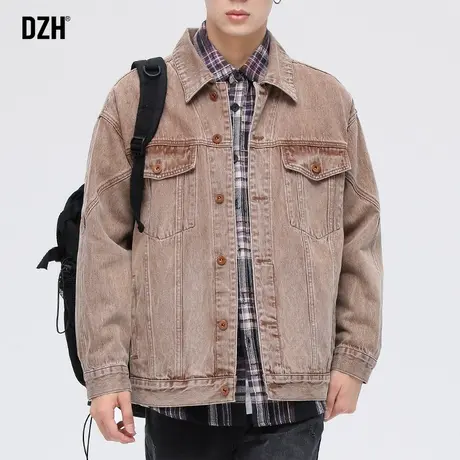 男士痞帅棕色牛仔外套男春秋潮牌大码男装2023新款秋季牛仔衣夹克商品大图