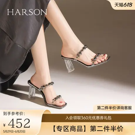 哈森时尚外穿一字拖鞋2025夏新品透明串珠气质高跟女鞋HWM250138图片