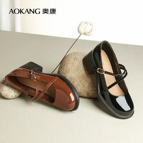 【门店发货】奥康女鞋 春新款复古甜美浅口玛丽珍单鞋皮鞋商品大图