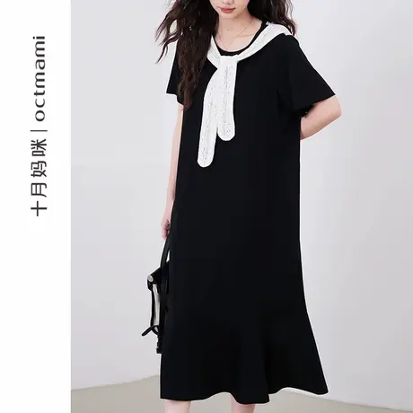 十月妈咪孕妇连衣裙2025新款夏季薄款显瘦假两件蕾丝披肩短袖裙图片
