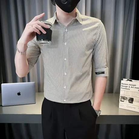 短袖衬衫夏季商务休闲细条纹衬衣五分袖潮牌个性发型师薄款寸衫图片