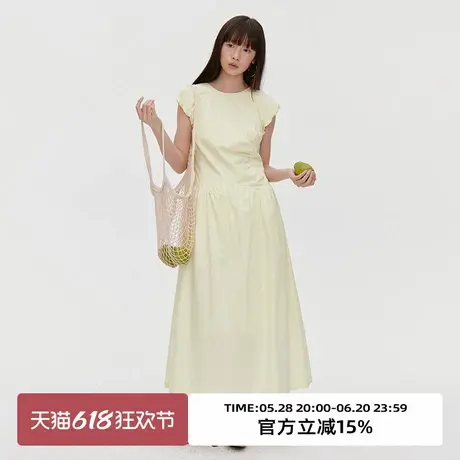 omont蛋挞家 复古法式泡泡袖连衣裙2025春季圆领收腰显瘦长裙子图片