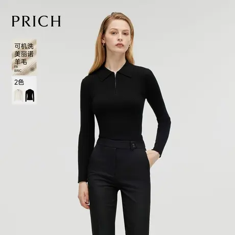 【可机洗美丽诺羊毛】PRICH翻领针织衫2024冬季新款保暖毛衣女商品大图