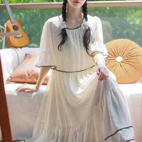 大码宫廷感花边撞色仙女连衣裙图片