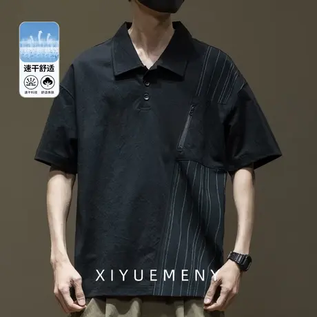 棉麻设计感撞色拼接短袖POLO衫男2025夏季薄款宽松大码五分袖体恤图片