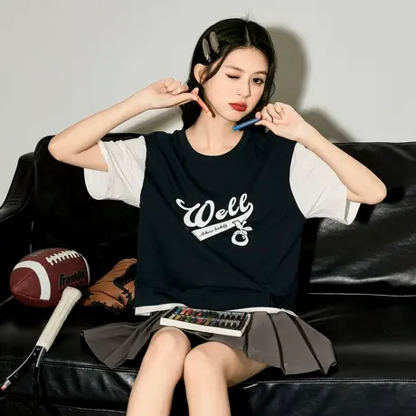 唐狮T恤女学院风美式新款夏假两件上衣女时尚洋气纯棉体恤商品大图