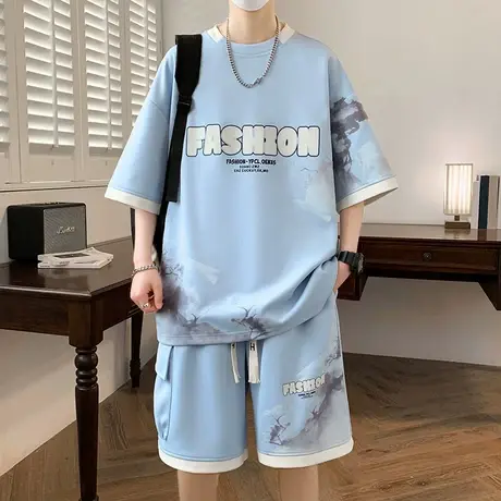 青少年冰丝短袖T恤衫短裤高中初中学生夏季帅气搭配一套休闲运动商品大图