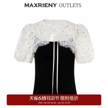 【奥莱】MAXRIENY复古赫本风网纱蕾丝针织衫夏季上衣女小衫商品大图