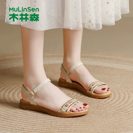 木林森女新2025年款夏季外穿厚底增高一字带防滑配裙子侧空凉鞋女图片