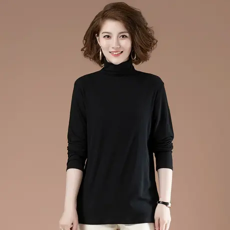 秋冬季加肥加大码宽松长袖T恤女中长款显瘦纯色高领打底衫女内搭商品大图