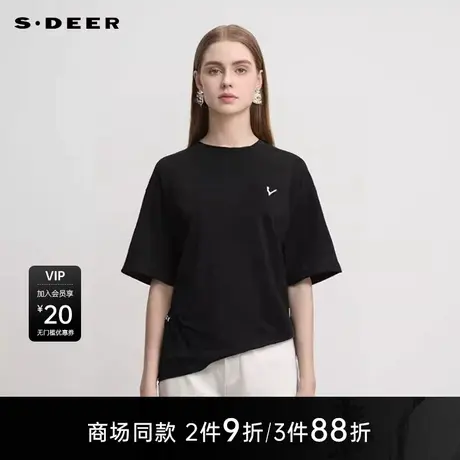 【商场同款】sdeer圣迪奥女时尚圆领胸针抽褶宽松T恤S25280160图片