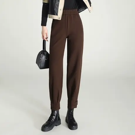 毛呢哈伦裤女秋冬2023新款松紧高腰小个子遮胯显瘦长裤时尚休闲裤商品大图