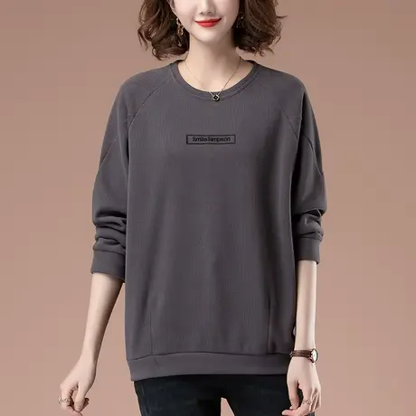 宽松卫衣女圆领薄款春秋加肥加大码女装无帽中年妈妈显瘦套头上衣商品大图