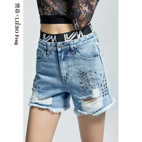 裂帛LIEBOFeng商场同款2023年夏季摇滚铆钉毛边破洞国潮牛仔短裤商品大图
