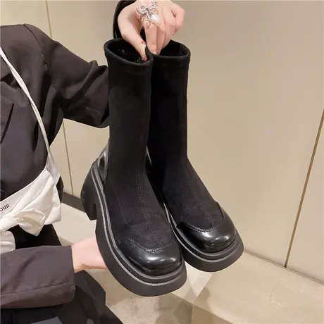 2023春秋新款瘦瘦靴厚底女套筒短靴百搭时装简约厚底弹力靴ins潮图片