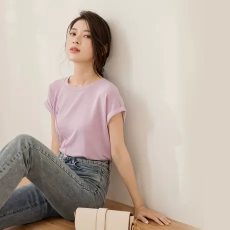 桔熊夏季舒适简约休闲t恤圆领卷边短袖纯色上衣女装大码AB18288商品大图