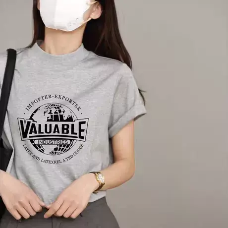 高级感灰色短袖时尚减龄印花半高领T恤女夏2025新款欧货宽松上衣图片