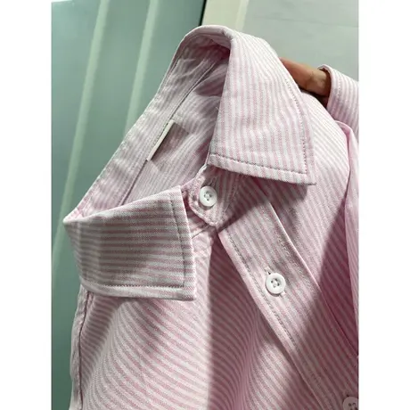 粉色条纹长袖衬衫女秋季韩版百搭休闲宽松显瘦开衫衬衣上衣外套潮图片