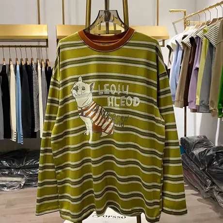 日系文艺风简约小狗超火的条纹卫衣女春秋薄款宽松显瘦休闲上衣潮商品大图