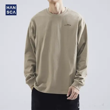 hansca 260g春秋季圆领长袖t恤男美式宽松印花体恤纯棉内搭打底衫商品大图