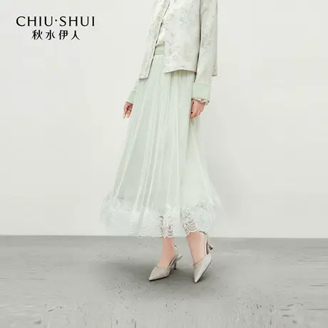 秋水伊人休闲时尚半身裙2026年春季新款女气质优雅闪光缎面网纱裙图片