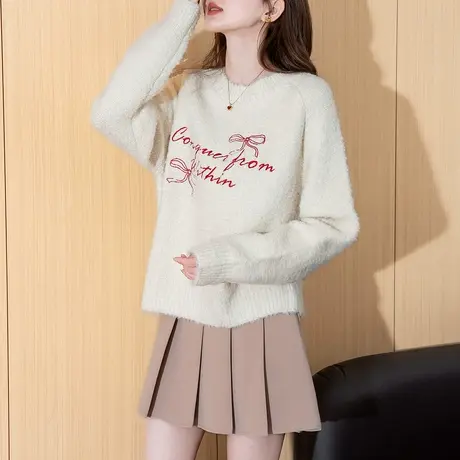 唐狮秋冬新款毛衣女超好看甜美风撞色字母和蝴蝶结刺绣圆领套头TD商品大图
