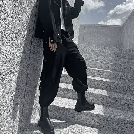 美式机能风工装裤男秋季潮流嘻哈个性宽松束脚长裤暗黑运动哈伦裤商品大图