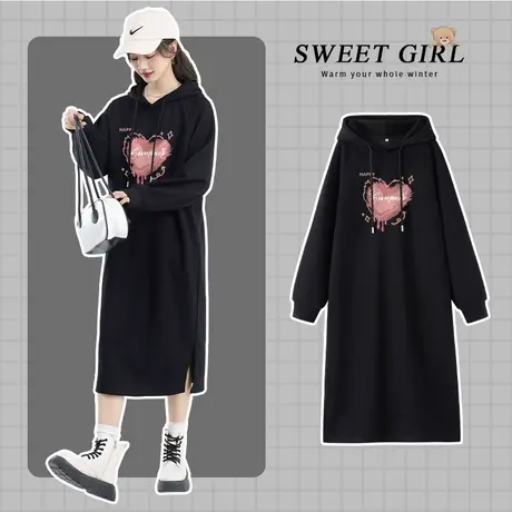 VR真维斯黑色连衣裙女秋冬2023新款爆款宽松连帽卫裙女士百搭长裙图片