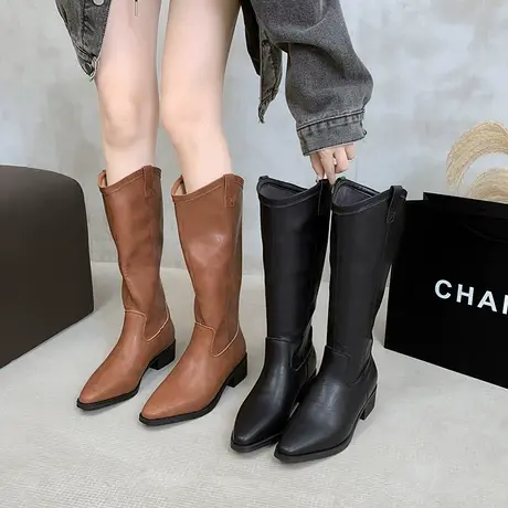 长筒靴女2023年春秋季新款法式洋气西部牛仔靴粗跟尖头v口骑士靴图片