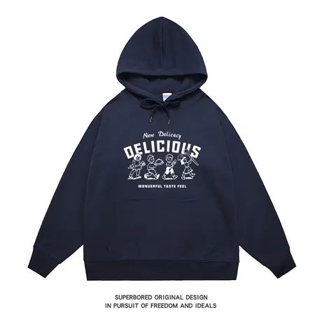 美式深蓝色连帽复古设计感宽松卫衣男2023新款秋冬季小众宽松上衣商品大图