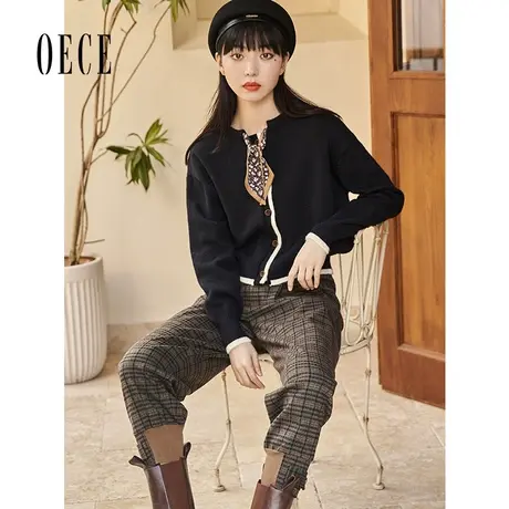 Oece2022冬装新款女复古格纹裤子帅气高腰修身小脚裤长裤图片