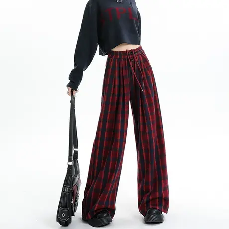 复古红色撞色格纹阔腿休闲裤女冬季新款高腰显瘦松紧腰直筒拖地裤商品大图