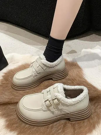 白色玛丽珍小皮鞋女2023新款秋冬加绒爆款厚底松糕英伦复古乐福鞋商品大图