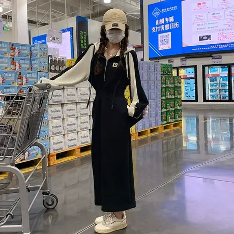 洋气大码拼接连帽卫衣连衣裙女秋冬季胖mm气质显瘦a字长裙子200斤商品大图
