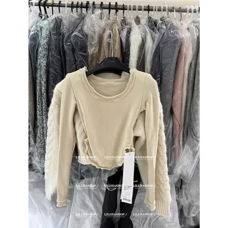 韩国东大门2023冬季新款洋气木耳边圆领修身百搭显瘦短款打底衫女商品大图