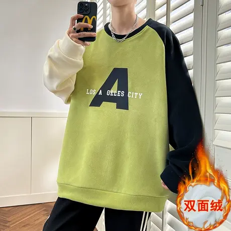 男士卫衣秋冬款奥粒绒加厚潮牌青少年学生双面绒保暖圆领打底衫男图片