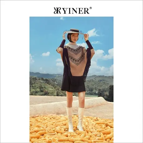 YINER音儿女装冬高领质感提花斗篷型流苏针织衫套头商品大图