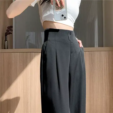 冰丝窄版阔腿裤女高腰春夏季薄款垂感裤子黑色休闲宽松直筒西装裤商品大图