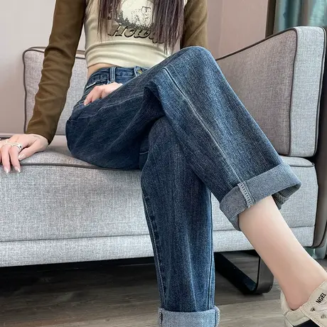 复古哈伦牛仔裤女春秋2024年新款高腰显瘦百搭直筒卷边萝卜老爹裤商品大图