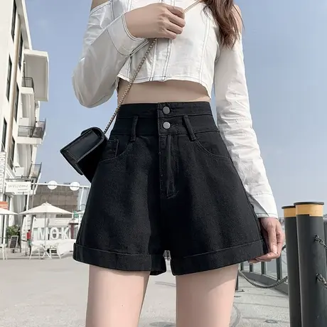 黑色大码牛仔短裤女夏季2023年新款a字高腰显瘦梨形身材阔腿热裤图片