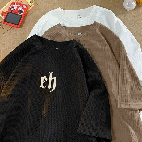 华夫格美式短袖t恤男夏季圆领上衣潮流宽松半袖港风古着简约体恤商品大图